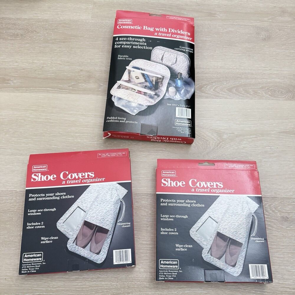 Vintage 1988 Travel Set New Old Stock: Cosmetic Bag & 3 Shoe Covers Retro 80s